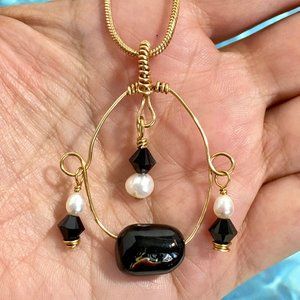 Florida Black Coral Crystals & Pearls Pendant Necklace 14K Gold Plated Polished